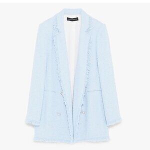 Zara Light Blue Tweed Long Blazer Coat